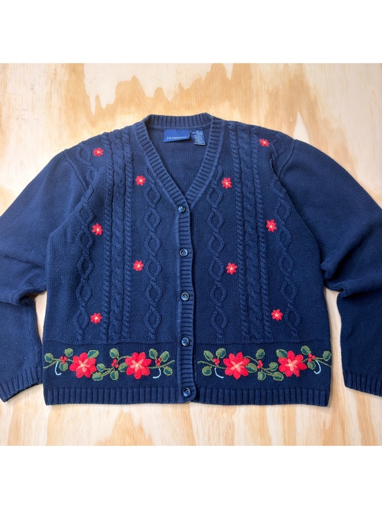 Liz Claiborne Sweaters - Navy Blue Cable Knit Cotton Cardigan with Embroidered Flowers Size M